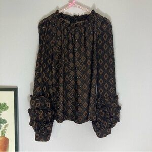 Lumie brown lace ruffle balloon sleeved top size S